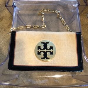 Tory Burch RARE Reva Raffia Foldover Clutch Tan & Black